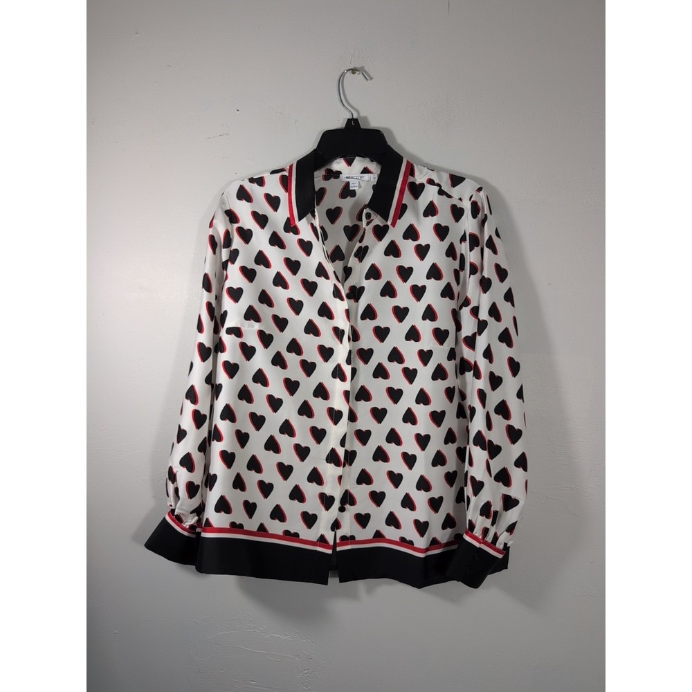 Chico's Love Hearts Faux Silk Twill Blouse. Long Sleeve. Botton Front. MSRP $109